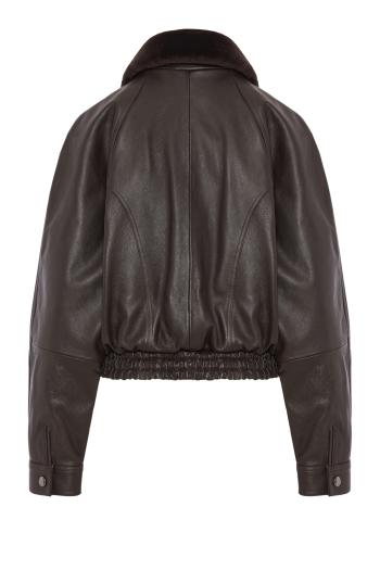 Fur-collar leather biker jacket in dark brown