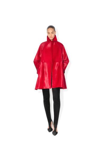 A-line pony-hair calfskin trench coat in rouge