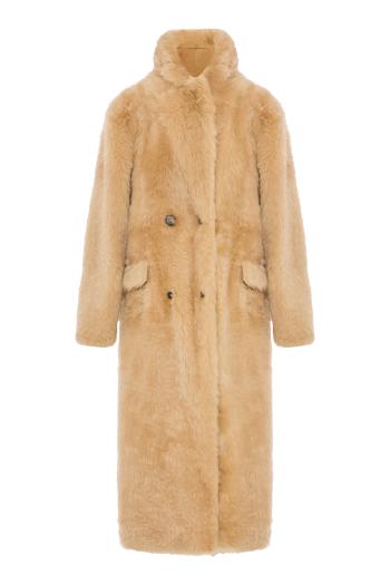 Flora double-breasted shearling coat in miele