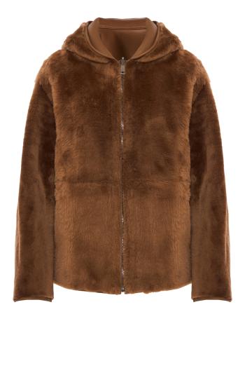 Ines reversible hooded shearling jacket in caramel