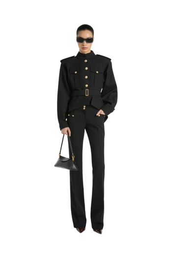 Belted wool gabardine jacket in black