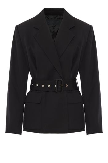Belted wool flannel jacket in black