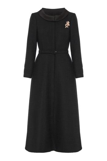 Flower-brooch boucle coat in black