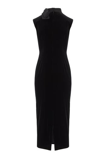 Organza bow-neck velvet midi dress in black