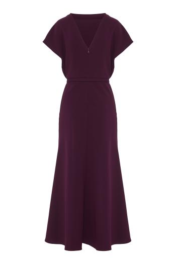Flower-brooch crepe midi dress in prune