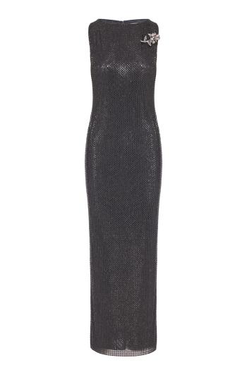 Flower-brooch diamante crepe maxi dress in dark silver