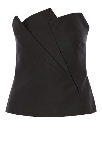 Pleated strapless taffeta top in black