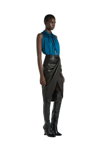 Draped lambskin midi skirt in black