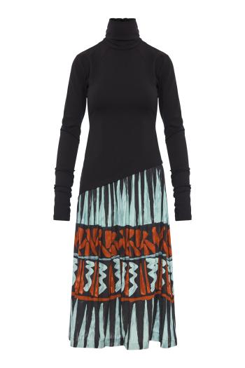 Roll-neck printed midi dress in black