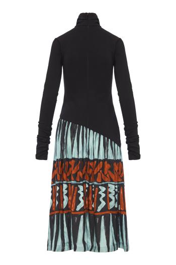 Roll-neck printed midi dress in black