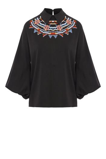 Wide-sleeve printed blouse in black
