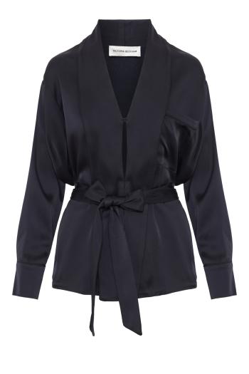 Alba belted satin blouse in midnight