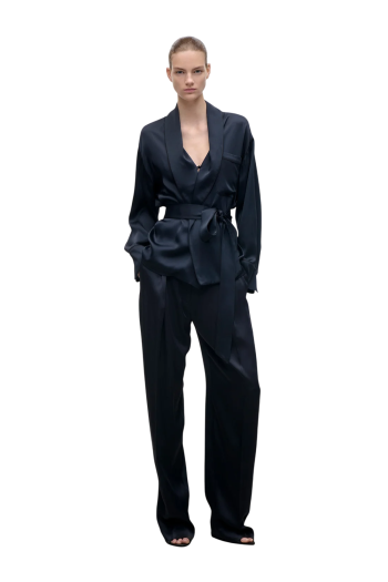 Alba belted satin blouse in midnight