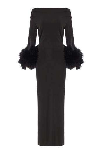 Tyla faux fur-trim jersey midi dress in black