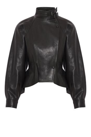 Peplum lambskin jacket in black