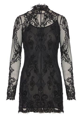 Bead-embroidered lace mini dress in black