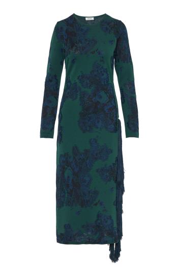 Fringed jacquard knitted midi dress in forest green