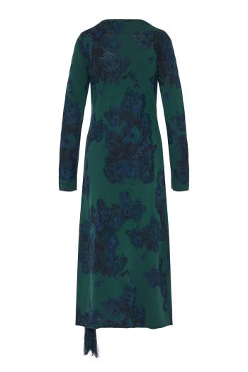 Fringed jacquard knitted midi dress in forest green