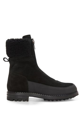 Shearling-trimmed suede ankle boots in black