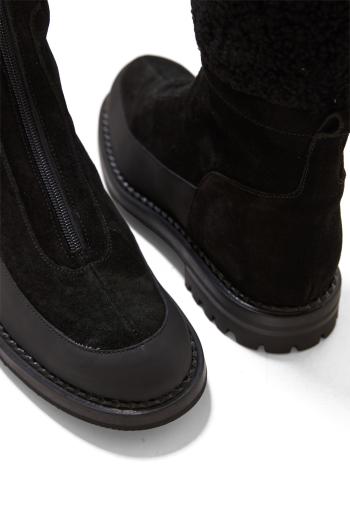 Shearling-trimmed suede ankle boots in black