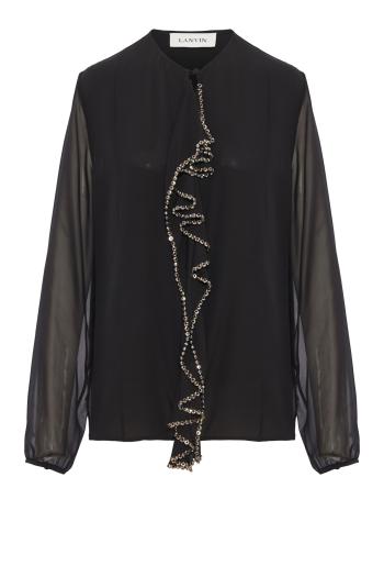 Ruffled silk blouse in black