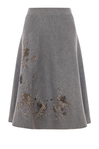 Klos bead-embroidered wool midi skirt in melange grey