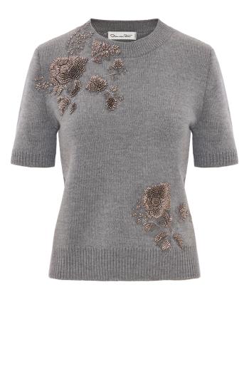 Beaded peony embroidered wool sweater in melange grey