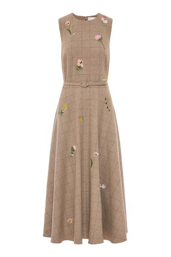 Glen plaid embroidered wool and silk midi dress in taupe