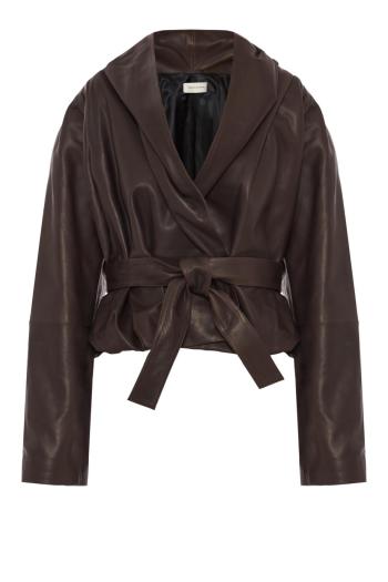 Belted peplum leather jacket in dark brown