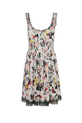 Lace-trimmed pleated printed crepe mini dress