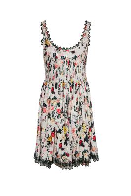 Lace-trimmed pleated printed crepe mini dress