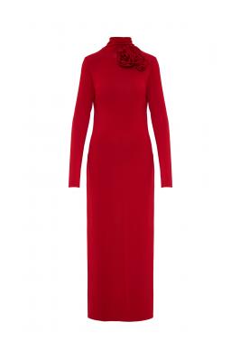 Backless mock neck jersey dress in red