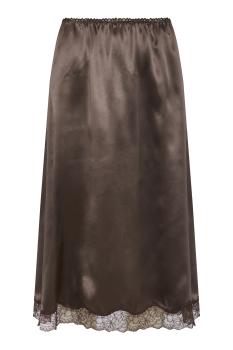 Silk lace-trim slip skirt in brown