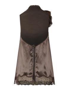 Silk open-back lace-trim blouse in brown