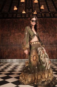 Afterwork printed silk and cotton cropped top in green