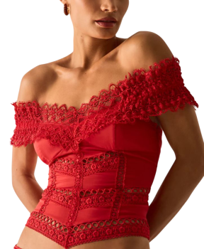 Elisette lace-trimmed cotton top in red