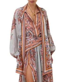 Silk printed blouse in coral paisley
