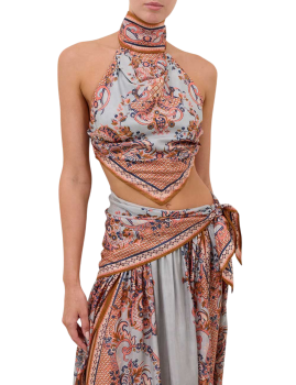 Silk printed top in coral paisley