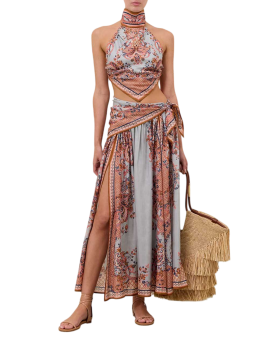 Silk printed midi skirt in coral paisley