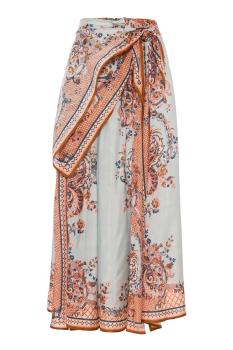 Aster Scarf Silk printed midi skirt in coral paisley