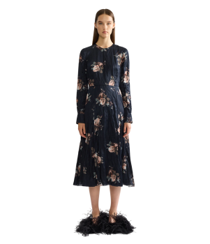 Floral crushed satin long sleeve midi dress in black