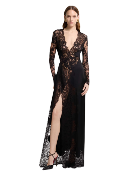 Floral lace V-neck gown in black