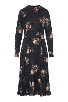 Floral crushed satin long sleeve midi dress in black