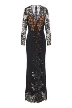 Floral lace V-neck gown in black
