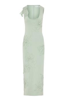 Hibiscus embroidered wool pencil dress in saltwater