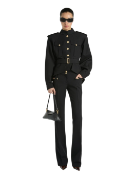 Belted wool gabardine jacket in black