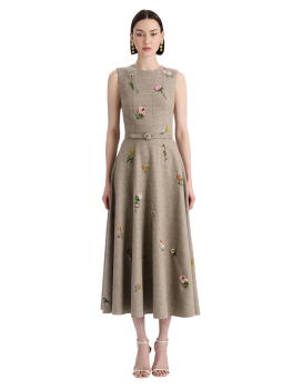 Glen plaid embroidered wool and silk midi dress in taupe