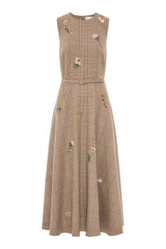 Glen plaid embroidered wool and silk midi dress in taupe